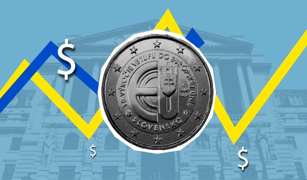 Illustration revealing economic concept of growth and decline of euro and dollar currencies against facade of historic building