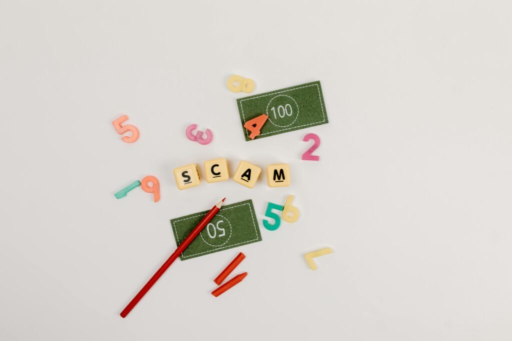 Creative flat lay of scam concept with play money and numbers.